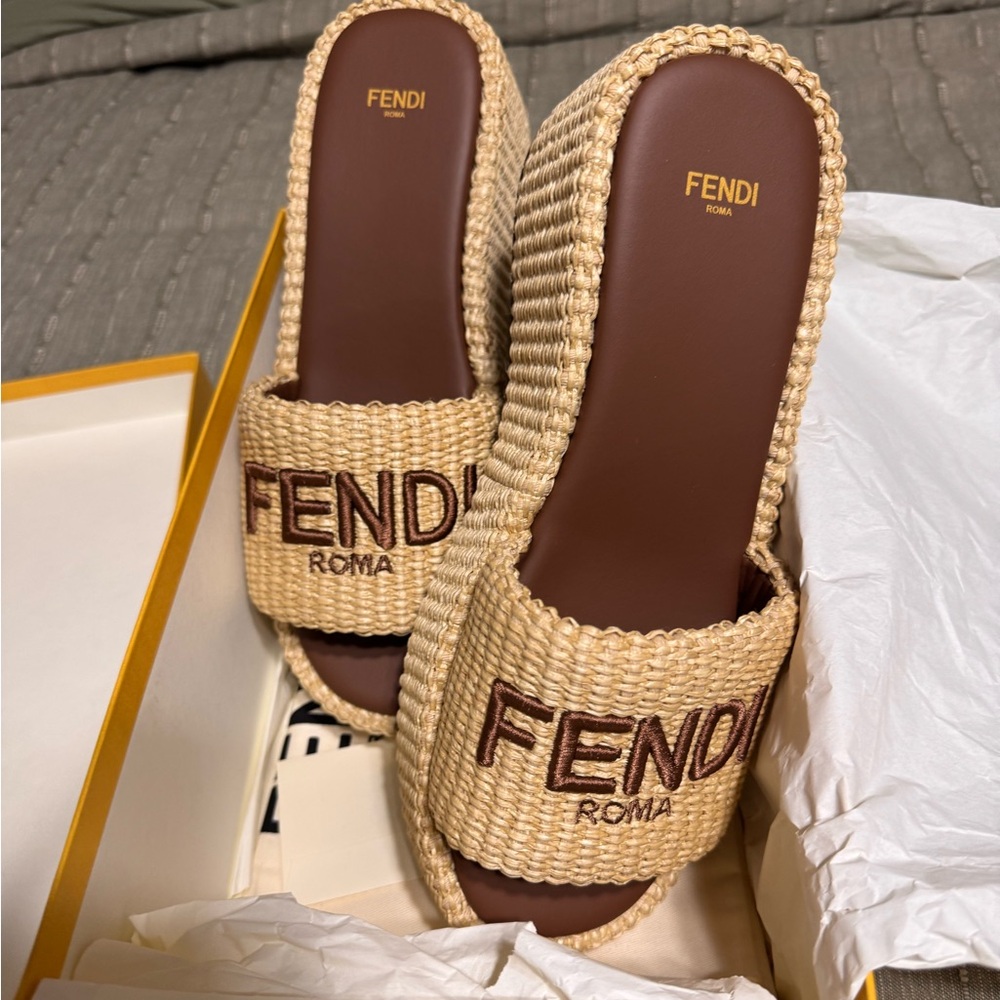Fendi Beige Woven Slide Sandals